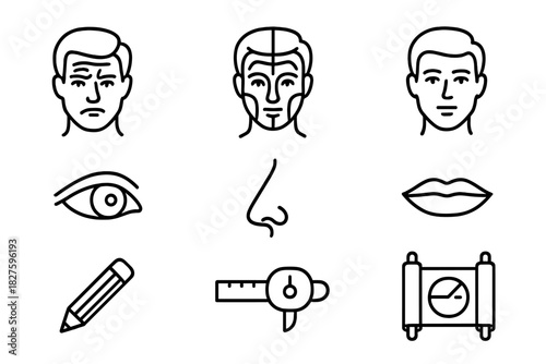 Face Mapping Icons. Line style icons of Face Mapping Tools: Forehead Wrinkle Reading, Face Mapping, Character Assessment, Obsolete