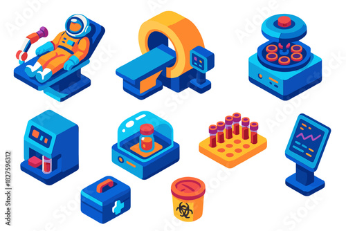 Space Medicine Lab Icons. Isometric vector illustration set Space exploration – space medicine lab, diagnostic scanner, centrifuge