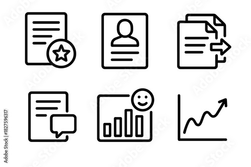 Crowdsourced Scriptwriting Icons. Line style icons of Crowdsourced Scriptwriting: script completion badge, character profile card,