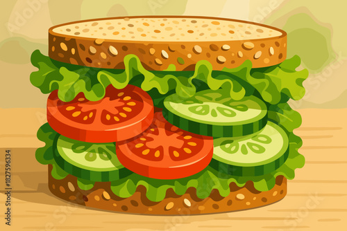 Fresh Vegetable Sandwich. Healthy vegetable sandwich with vector illustration layers of fresh tomatoes, lettuce, and cucumbers,