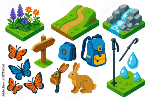 Vibrant Hiking Adventure. Isometric vector illustration set Hiking trails – wildflower patch, gentle slope, alpine stream; trail