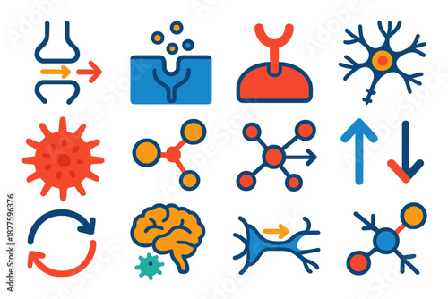 Neural-Immune Icon Set. Flat vector icons of neural-immune communication: synapse arrow, cytokine signal, receptor icon, neuron