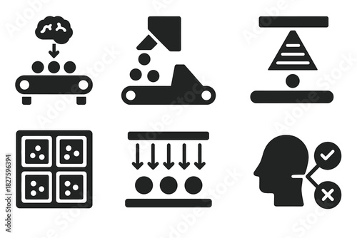 Hyperspectral Food Sorting. Solid style icons of hyperspectral food sorting: smart conveyor belt, food dropper gate, color-layer