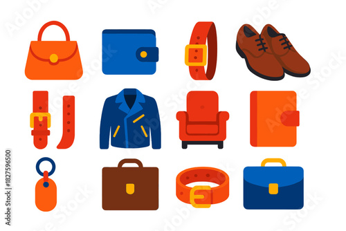 Modern Leather Icons. Flat vector icons of modern leather products: handbag, wallet, belt, leather shoes, watch strap, leather