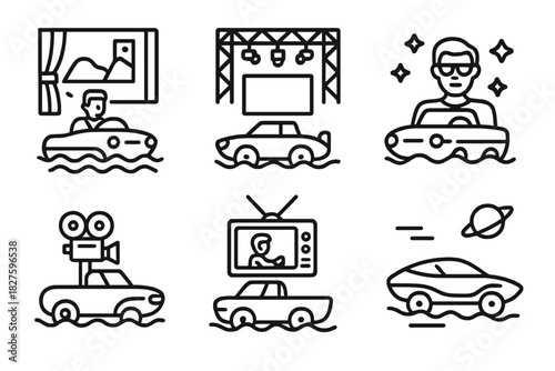 Amphibious Cars Icons. Line style icons of amphibious cars in entertainment and media: movie scene with water car, floating stage