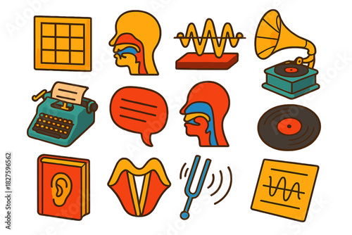 Vintage Phonetic Illustrations. Isometric vector illustration set Vintage Phonetics: phonetic chart, vocal tract view, sound wave