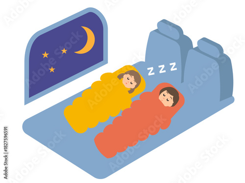 避難・節約・キャンプなどの目的で、寝袋に入って車中泊をする親子のイメージのベクターイラスト