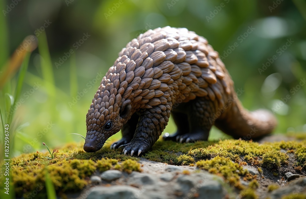 Obraz premium Pangolin forages on mossy rock in forest. Scaly mammal with brown scales searches food in natural habitat. Rare wild animal. Critically endangered species needs protection efforts.