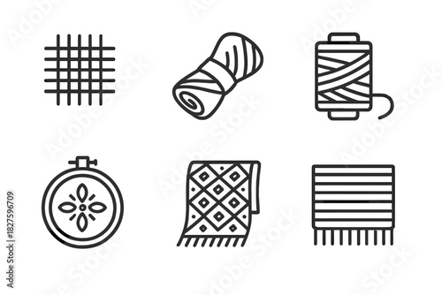 Traditional Textile Icons. Line style icons of Traditional Textiles: handwoven fabric, textile bundle, thread spool, embroidery