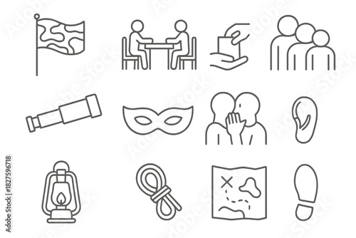 Covert Operation Icons. Line style icons of Covert Operation: Camouflaged Flag, Discreet Meeting, Handout, Oppressed Citizens;