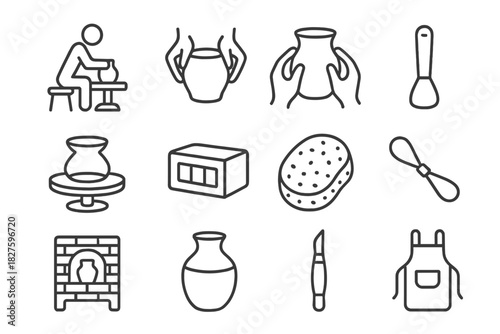 Artisan Pottery Icons. Line style icons of Artisan Pottery: Centering Clay, Raising Wall, Shaping, Rib Tool; Potter’s Wheel, Clay