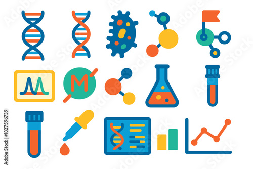 Ancient Pathogen Icons. Flat vector icons of molecular analysis of ancient pathogens: DNA strand, RNA helix, protein structure,