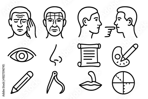 Ancient Physiognomy Icons. Line style icons of Historical Physiognomy: Forehead Wrinkle Reading, Face Mapping, Character