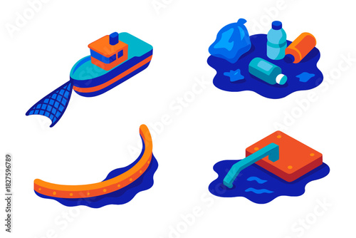 Ocean Cleanup Technology. Isometric vector illustration set Ocean Cleanup Technology: Interceptor vessel with net, floating