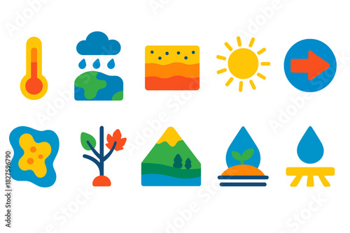 Environmental Gradient Icons. Flat vector icons of environmental gradients and pressures: temperature gradient, rainfall map, soil