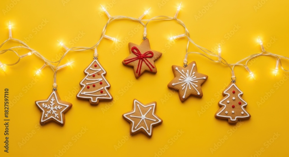 Fototapeta premium Festive christmas arrangement showcasing gingerbread cookies and string lights on yellow backdrop