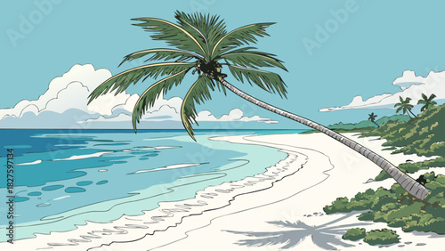 Tropical beach paradise with palm tree ocean view summer vacation travel destination landscape scenic coast drawing