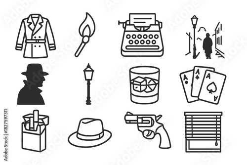 Noir Icon Elements. Line style icons of noir storytelling: trench coat, match flame, typewriter, foggy street; silhouette,