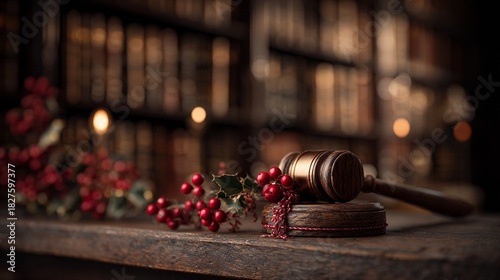 Gavel with holiday decor in library