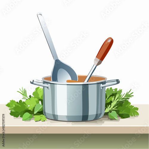 Cooking pot with ladle and spatula surrounded by fresh herbs on a wooden surface.