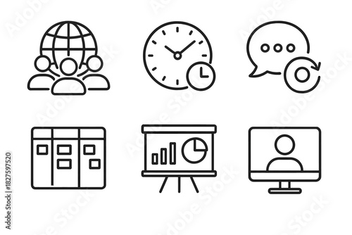 Agile Remote Team Icons. Line style icons of Agile in remote teams: distributed team icon, time zone clock, async communication