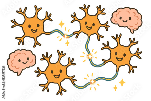 Cheerful Neuron Network. Friendly doodle neuron activation scene with cheerful neurons, cartoon light fibers connecting nodes,