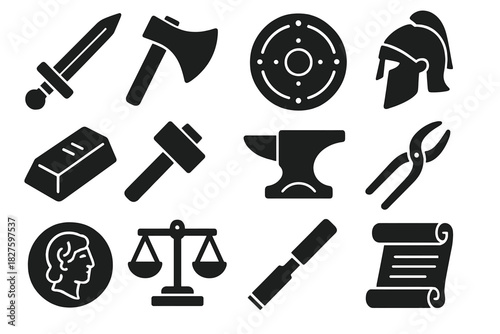 Ancient Metallurgy Icons. Solid style icons of archaeometallurgy and ancient metal artifacts: sword, axe, shield, helmet, ingot,