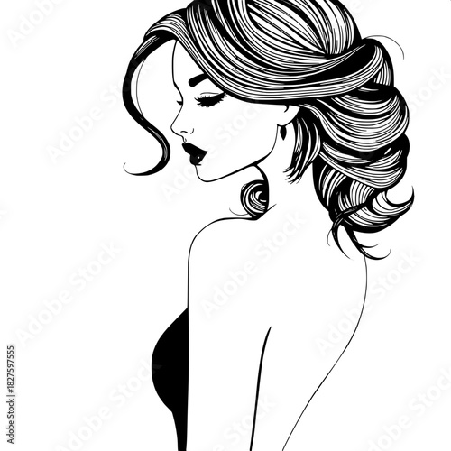 An elegant monochrome illustration emphasizing the silhouette of a woman's upper body, with intricately flowing textured hair that falls in loose waves down her back, and stylized facial features incl