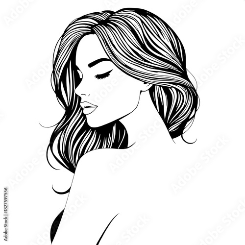 An elegant monochrome illustration emphasizing the silhouette of a woman's upper body, with intricately flowing textured hair that falls in loose waves down her back, and stylized facial features incl