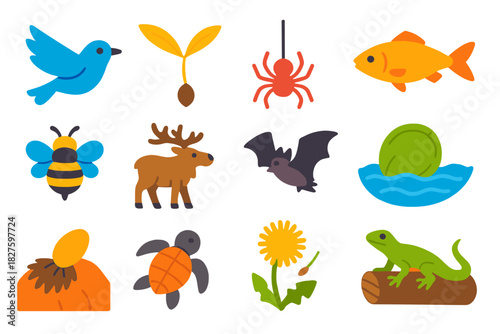 Species Dispersal Icons. Flat vector icons of species dispersal: flying bird, wind-blown seed, drifting spider balloon, swimming