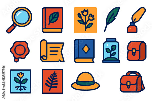 Botanical Study Icons. Flat vector icons of Historic Botanical Study: brass magnifier, field sketchbook, dried sample, ink quill,
