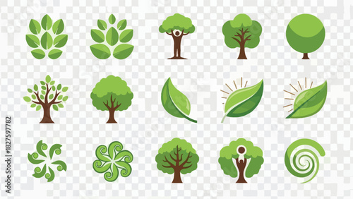 Set of Green Tree, Leaf and Nature Icons for Eco and Environment Logo Design