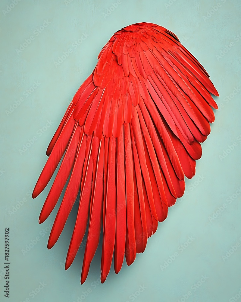 Obraz premium Exquisite scarlet bird wing art concept, Vivid Red Feathered Wing Isolated Against Soft Turquoise Background