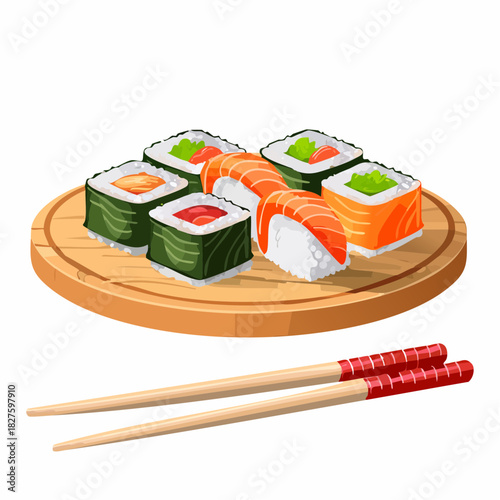 Delicious sushi platter with chopsticks on a wooden board.