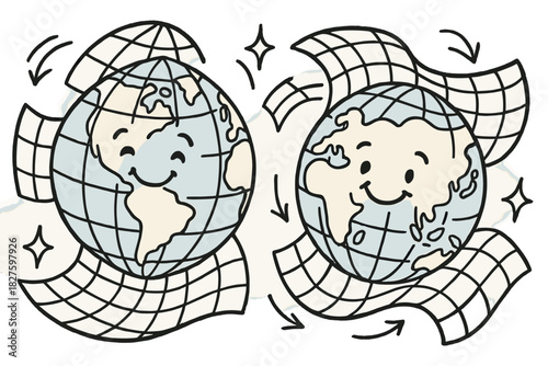 Playful Doodle World. Playful doodle projection distortion illustration with happy world maps, cartoon grids bending playfully,