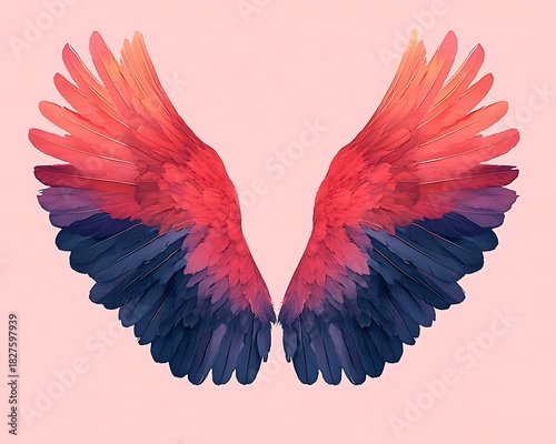 Exquisite scarlet bird wing art concept, Vibrant Abstract Wings in Red and Blue against a Pink Background