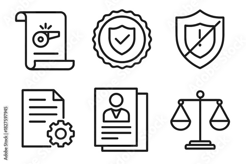 Legal Support Symbols. Line style icons of policy and legal support: whistleblower law scroll, protection clause badge,