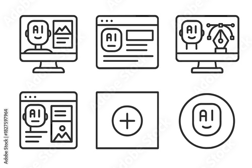 AI Graphic Design Icons. Line style icons of AI used in graphic design: poster generator icon, flyer layout assistant, vector art
