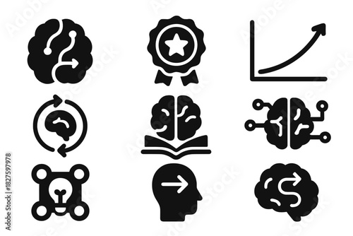 Memory and Learning Icons. Solid style icons of memory and learning for leaders: memory path in brain, long-term recall badge,