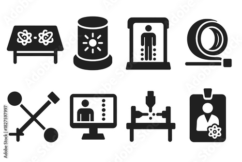 Quantum Teleportation Icons. Solid style icons of quantum teleportation in labs: experiment table with photons, research chamber