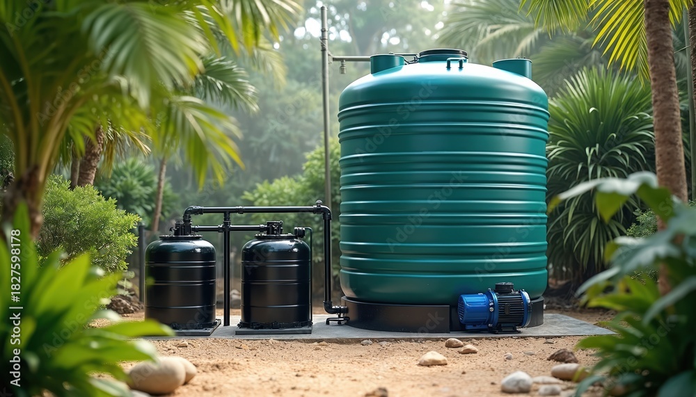 Fototapeta premium Modern rainwater harvesting system stands outdoors. Large green storage tank collects rain. Two black filtration units purify liquid. Blue pump distributes water. Eco-friendly tech provides