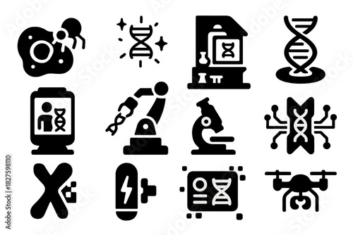 Futuristic Genetics Icon Set. Solid style icons of futuristic genetics: nanobot repairing cell, glowing genome, futuristic
