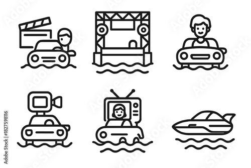 Amphibious Cars Icons. Line style icons of amphibious cars in entertainment and media: movie scene with water car, floating stage