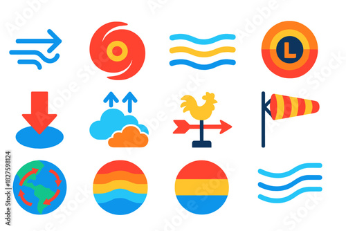 Weather Icons Set. Flat vector icons of wind and atmospheric patterns: wind arrow, cyclone icon, jet stream, pressure system, air