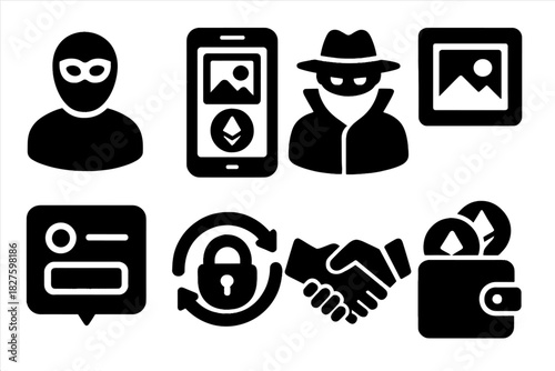 Art Marketplace Icons. Solid style icons of art marketplace interactions: buyer avatar with mask, crypto payment screen, stealth