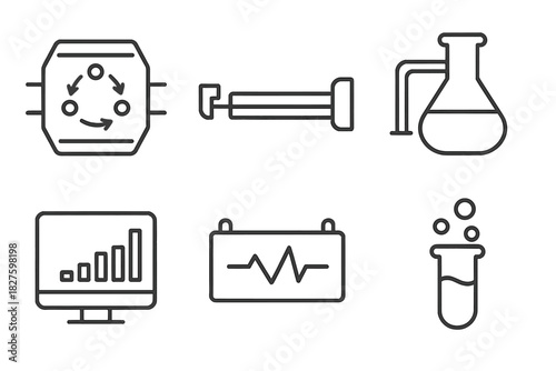 Mass Spectrometry Icons. Line style icons of Mass Spec Instrumentation: ion trap, flight tube, sample inlet, data processing