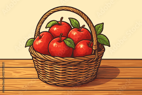Apple Basket Display. Wicker basket filled with ripe red apples resting on a vector illustration wooden surface, soft natural