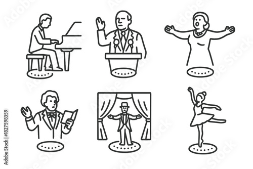 Holographic Performance Icons. Line style icons of historical hologram shows: classical pianist hologram, famous speech projection
