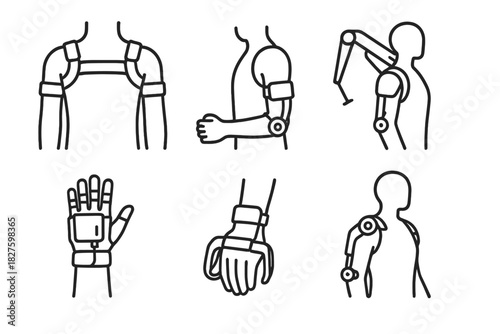 Exosuit Line Icons. Line style icons of upper-body exosuits: shoulder brace module, elbow actuator, arm lifting gear, powered