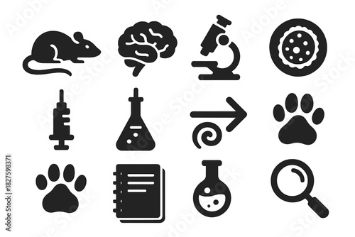 Toxoplasma Research Icons. Solid style icons of Toxoplasma gondii studies in rodents: rat, brain, microscope, parasite cyst,